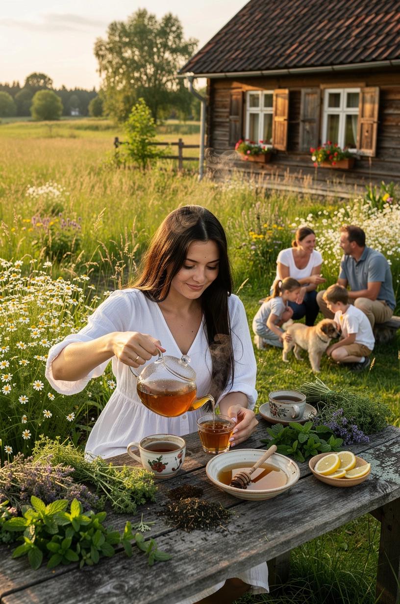 Arbatos puodelis su vaistažolių mišiniu ant medinio stalo, šalia knygų ir ramybės simbolių, skatinantis subalansuotą dienos ritualą ir gerovės pojūtį.